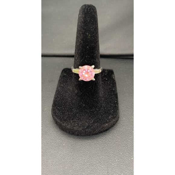 Silver Tone Ring With Large Pink Rhinestone & Clear On The Side Sz 5.75 - Picture 1 of 5